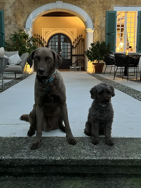 Victor und Emilio sitzen ruhig im Innenhof eines Hotels